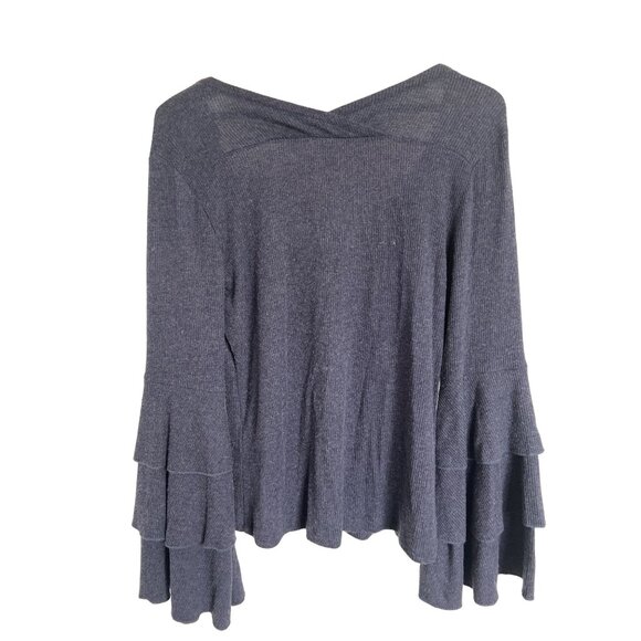 Chaser Navy Blue Bell Sleeve Blouse Ribbed Button Front - Picture 3 of 3